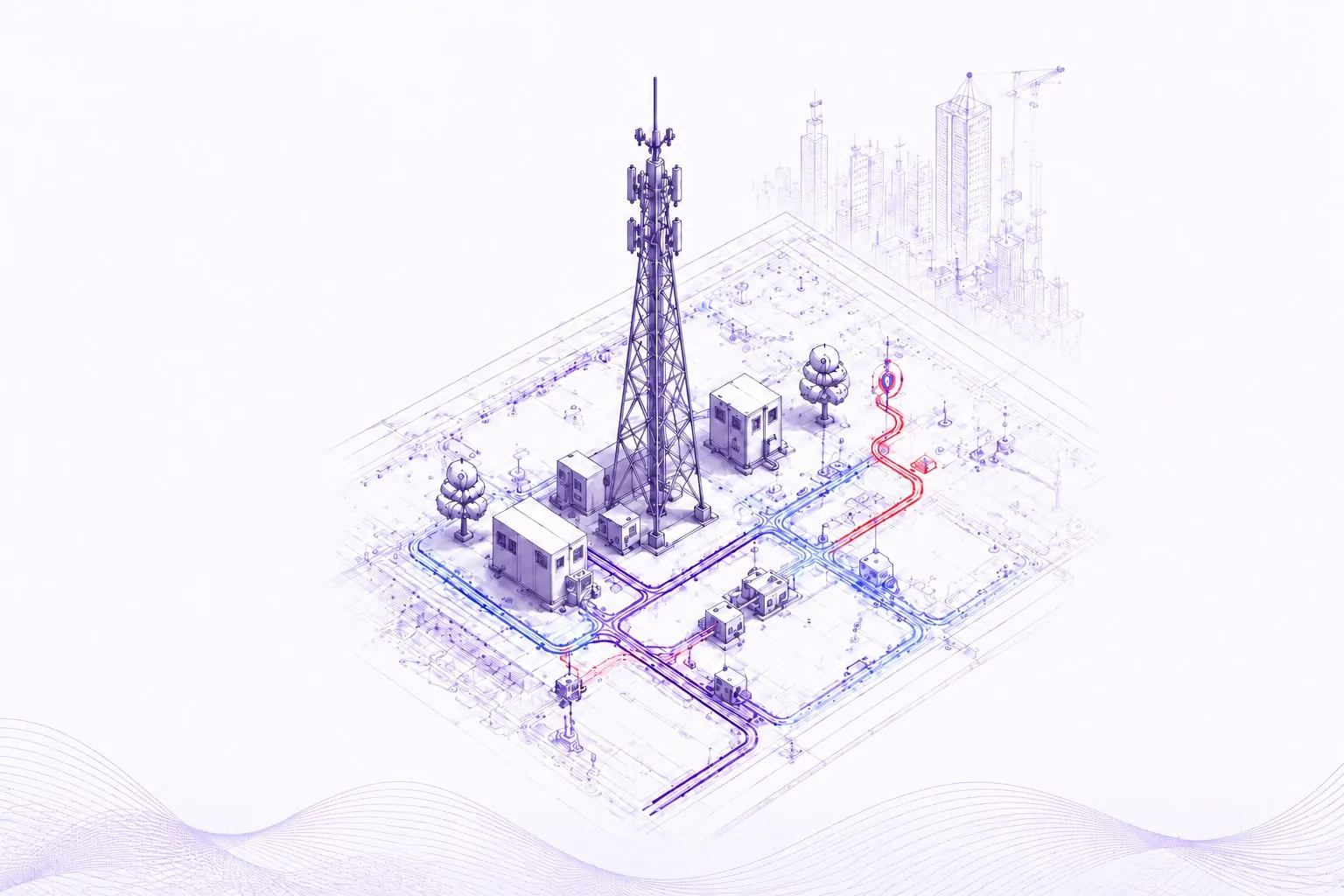 Isometric illustration of a telecom tower and connected infrastructure