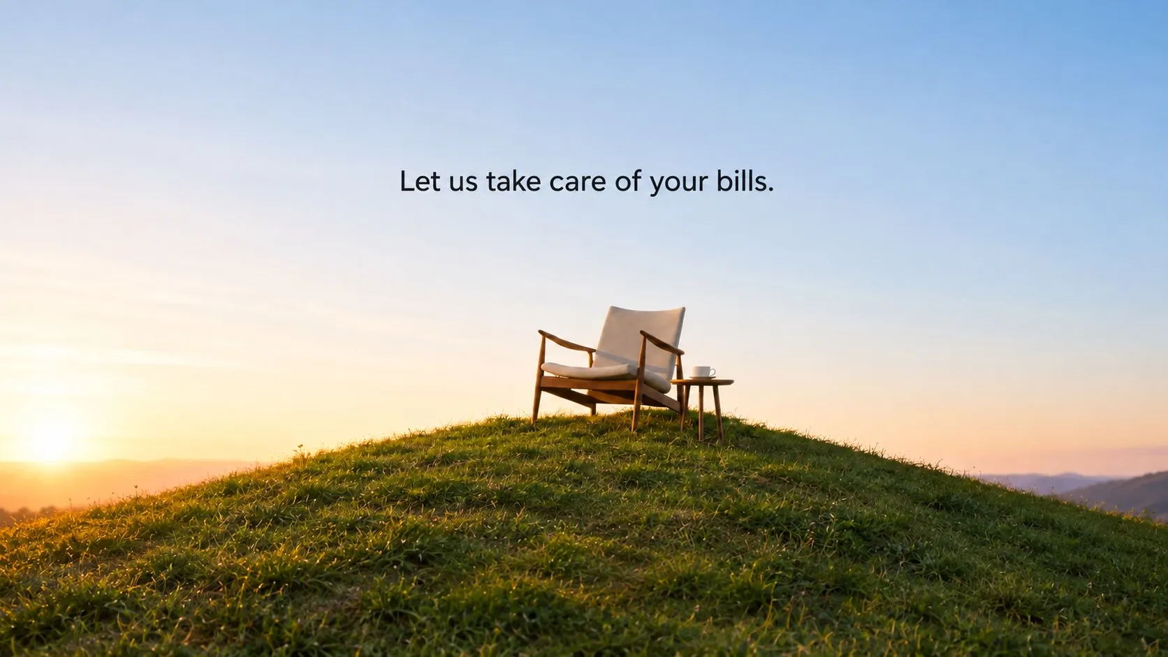 Hisaab Sathi cover: an armchair on a hilltop at sunrise with the line Let us take care of your bills